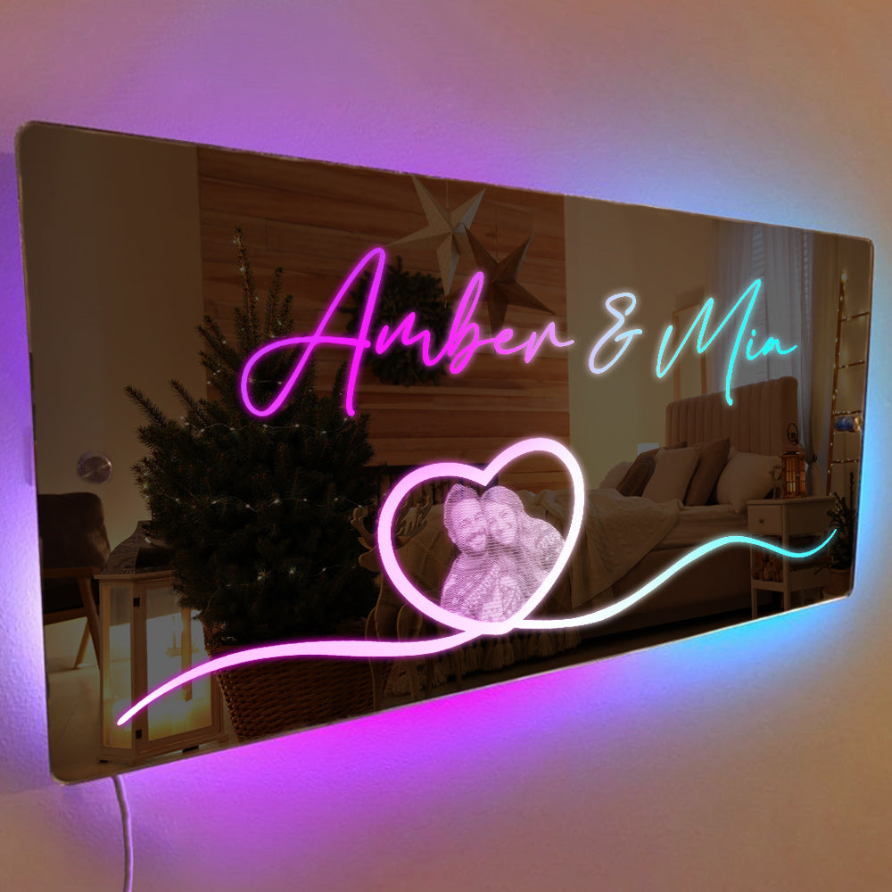 Personalized Photo Name Mirror Light Heart Couple Gift