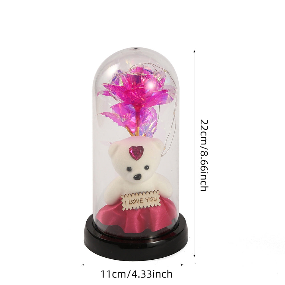 Romantic Simulation Eternal Rose Flower Bear Glass Cover LED Night Light